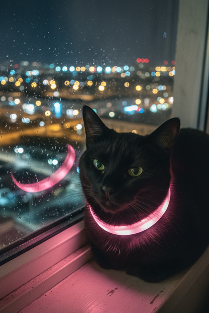 Black Cat Pink LED Collar Windowsill