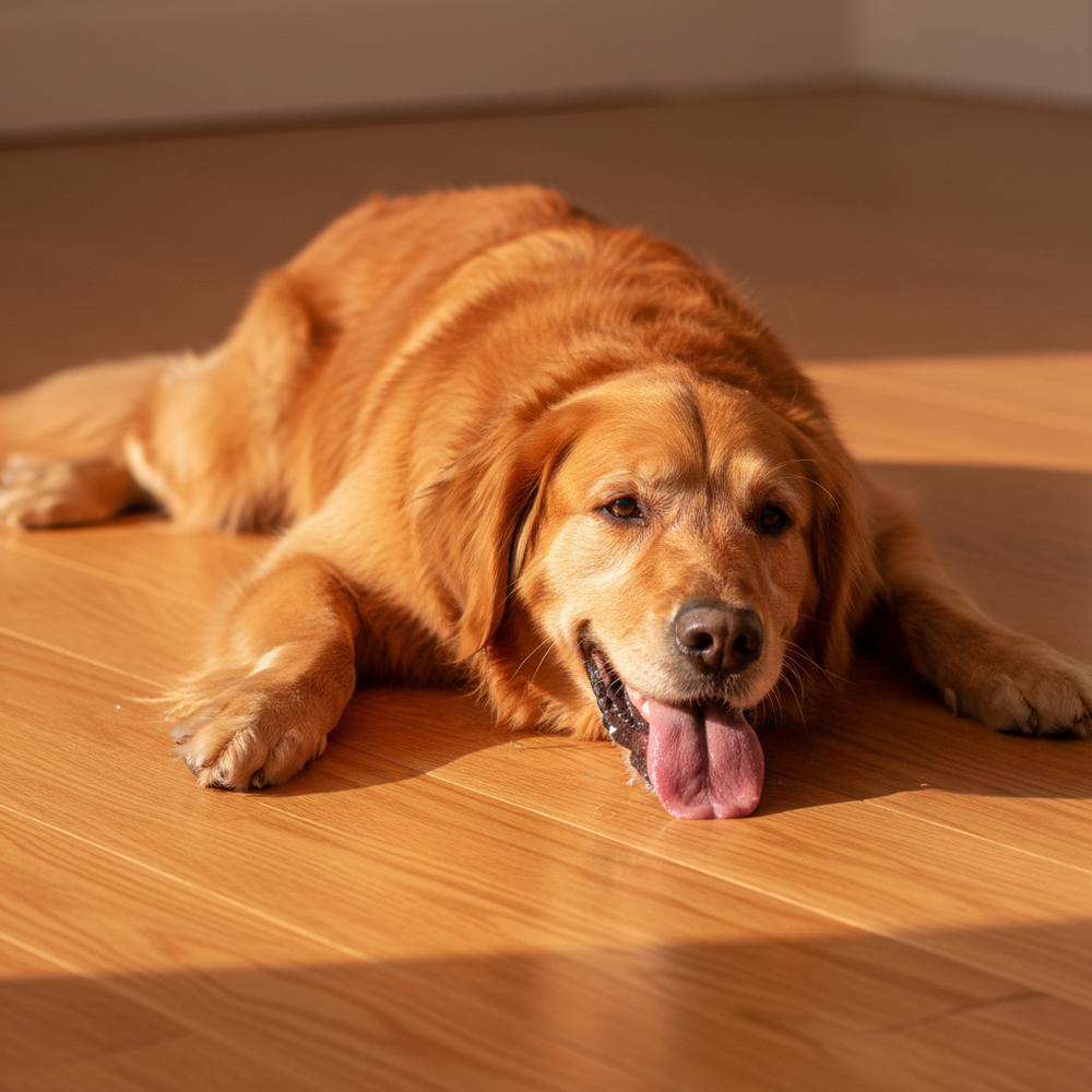 Dog sleeping on floor feeling hot